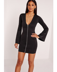 Missguided Zip Front Plunge Bodycon Dress Black