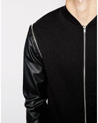Asos Brand Bomber Jacket In Jersey With Faux Leather Zip Off Sleeves