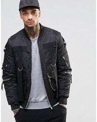 Asos Brand Bomber Jacket With Strap Detail In Black