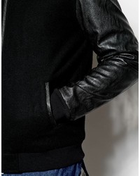 Asos Brand Wool Bomber Jacket With Leather Look Sleeves