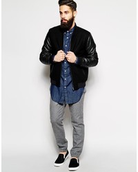Asos Brand Wool Bomber Jacket With Leather Look Sleeves