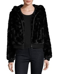 Cusp By Neiman Marcus Faux Fur Hooded Zip Front Bomber Jacket Black