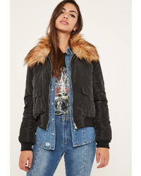 Missguided Black Faux Fur Collar Utility Bomber Jacket
