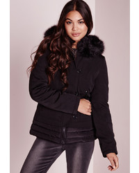 Missguided Padded Button Front Fur Hood Bomber Black