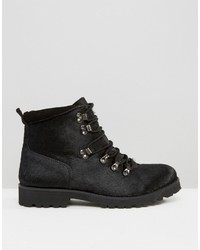 Asos Hiker Boots In Black Faux Pony Hair