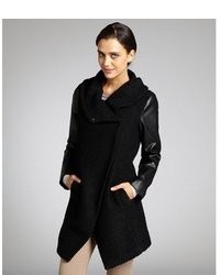 Wyatt Black Wool Boucle Faux Leather Sleeved Three Quarter Trench Coat