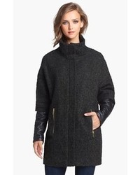 Vince Camuto Faux Leather Sleeve Boucle Tweed Coat X Small
