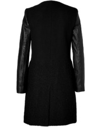 DKNY Wool Boucle Coat With Leather Sleeves In Black