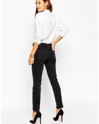Asos Collection Kimmi Shrunken Boyfriend Jeans In Washed Black With Thigh Rip