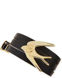 MCQ Alexander Ueen Golden Swallow Leather Wrap Bracelet Black