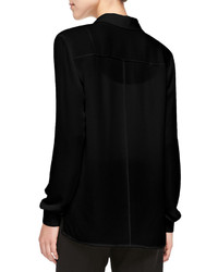Alice + Olivia Perforated Long Sleeve Silk Blouse