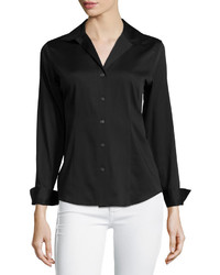 Paperwhite Spread Collar Long Sleeve Blouse Black