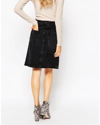 Asos Petite Denim Polly A Lline Button Midi Skirt In Washed Black