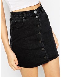 Asos Collection Denim Dolly Button Front Mini Aline Skirt In Washed Black