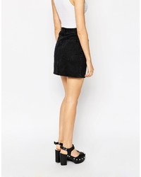 Asos Collection Denim Dolly Button Front Mini Aline Skirt In Washed Black