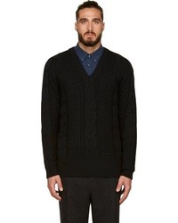 08sircus Black Oversized Cable Knit V Neck Sweater
