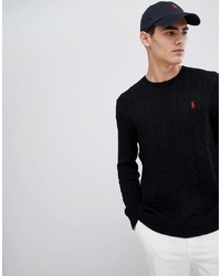 Polo Ralph Lauren Cable Cotton Knit Jumper With Player Logo In Black