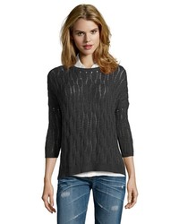 Autumn Cashmere Lead Black Cotton Cable Knit Hi Low 34 Sleeve Sweater