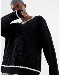 Collusion V Neck Cable Knit Jumper With Contrast Tipping