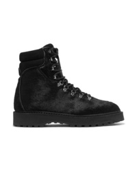 Black Calf Hair Lace-up Flat Boots