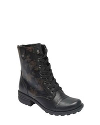 Black Camouflage Leather Lace-up Flat Boots