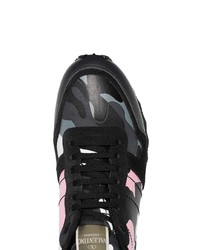 Valentino Black Rockstud Camouflage Print Leather Sneakers
