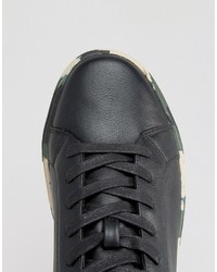 Asos Lace Up Sneakers In Black With Camo Sole