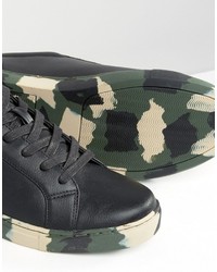 Asos Lace Up Sneakers In Black With Camo Sole