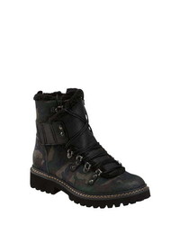 Black Camouflage Suede Lace-up Flat Boots