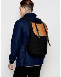 Asos Brand Backpack In Black Canvas With Tan Contrast