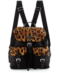 Prada Tessuto Leopard Print Trim Nylon Backpack Blackleopard