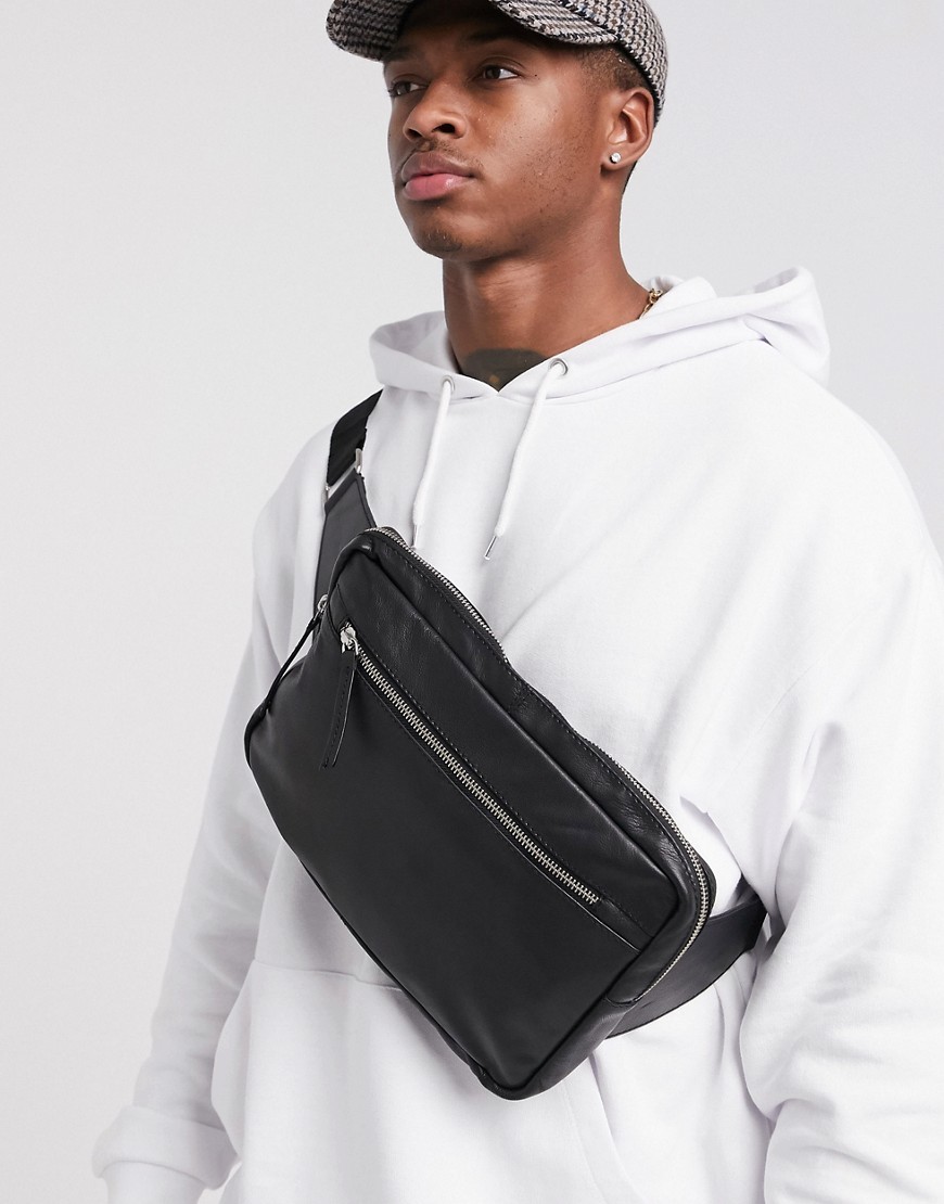 ASOS DESIGN Leather Cross Body Bum Bag In Black With Front Zip, $16 ...