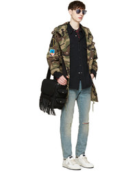 Saint Laurent Black Canvas Fringed Army Messenger Bag