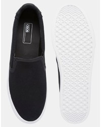Asos Brand Slip On Sneakers In Black Canvas With Heel Detailing