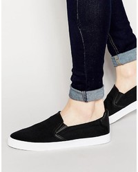 Asos Brand Slip On Sneakers In Black Canvas With Heel Detailing