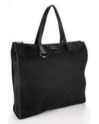 Gucci Auth Black Canvas Monogram Gunmetal Tone Large Tote Handbag Bc7917 Mhl