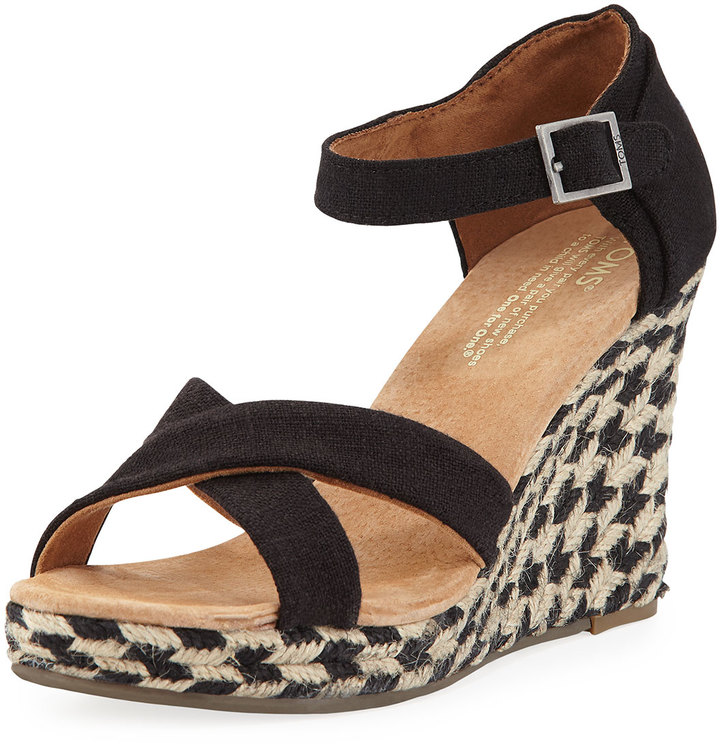 Women's Black Madelyn Strappy Braided Suede Wedge Sandal | TOMS