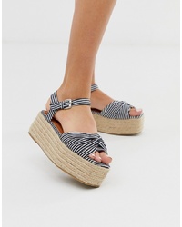 Boohoo Stacked Espadrille Sandals In Blue Stripe