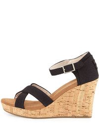 Toms Strappy Canvas Wedge Sandal Black