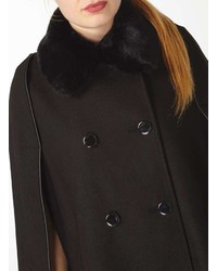 Black Faux Fur Collar Cape Coat