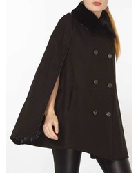 Black Faux Fur Collar Cape Coat