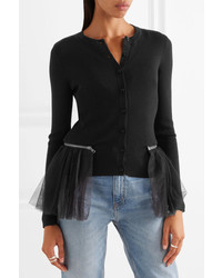 Moschino Tulle Trimmed Ribbed Wool Cardigan Black