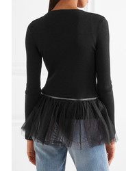 Moschino Tulle Trimmed Ribbed Wool Cardigan Black