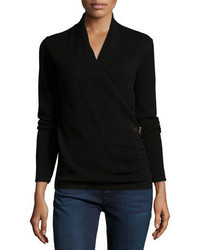 Neiman Marcus Cashmere Collection Cashmere Belted Faux Wrap Sweater Black