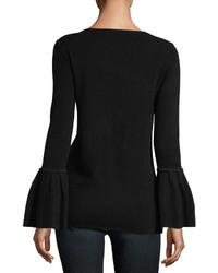 Neiman Marcus Cashmere Collection Pleated Bell Sleeve Boat Neck Cashmere Sweater