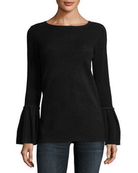 Neiman Marcus Cashmere Collection Pleated Bell Sleeve Boat Neck Cashmere Sweater
