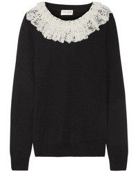 Saint Laurent Ruffled Lace Trimmed Cashmere Sweater Black