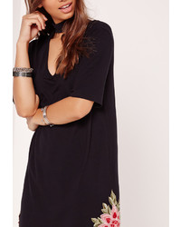 Missguided Embroided Choker Neck T Shirt Dress Black