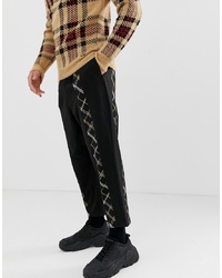 ASOS DESIGN Drop Crotch Smart Trouser In Black With Checked Front Stripe