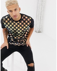 ASOS DESIGN Relaxed T Shirt With Iridescent Grid Check Sequin